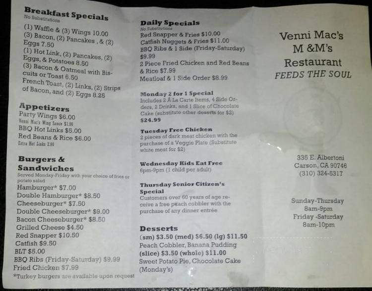 M & M Soul Food - Carson, CA menu_pic