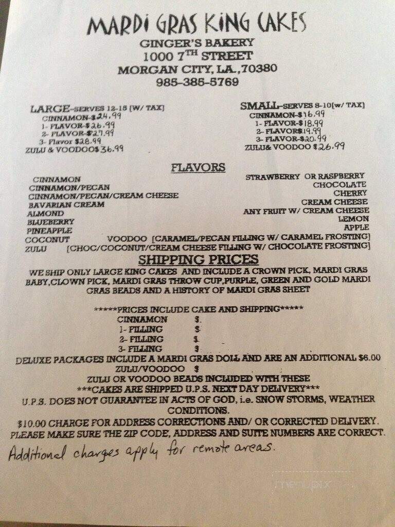 Ginger's Bakery - Morgan City, LA menu_pic