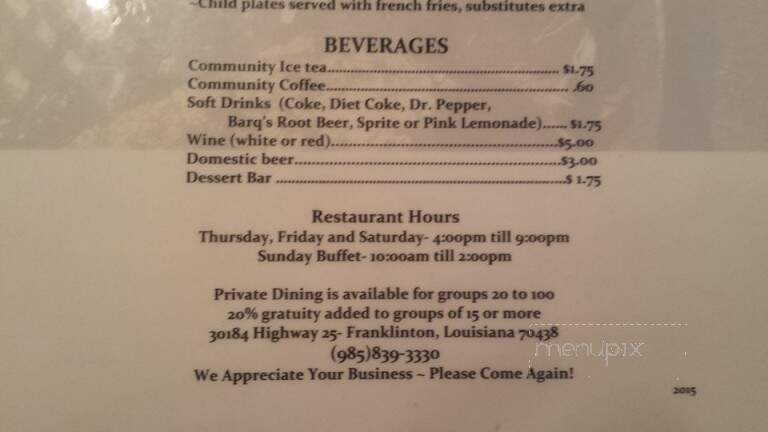 Bo's Steakhouse and Seafood Buffet - Franklinton, LA menu_pic