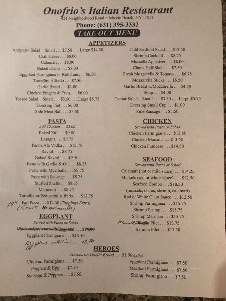 Onofrio's Italian Restaurant - Mastic Beach, NY menu_pic