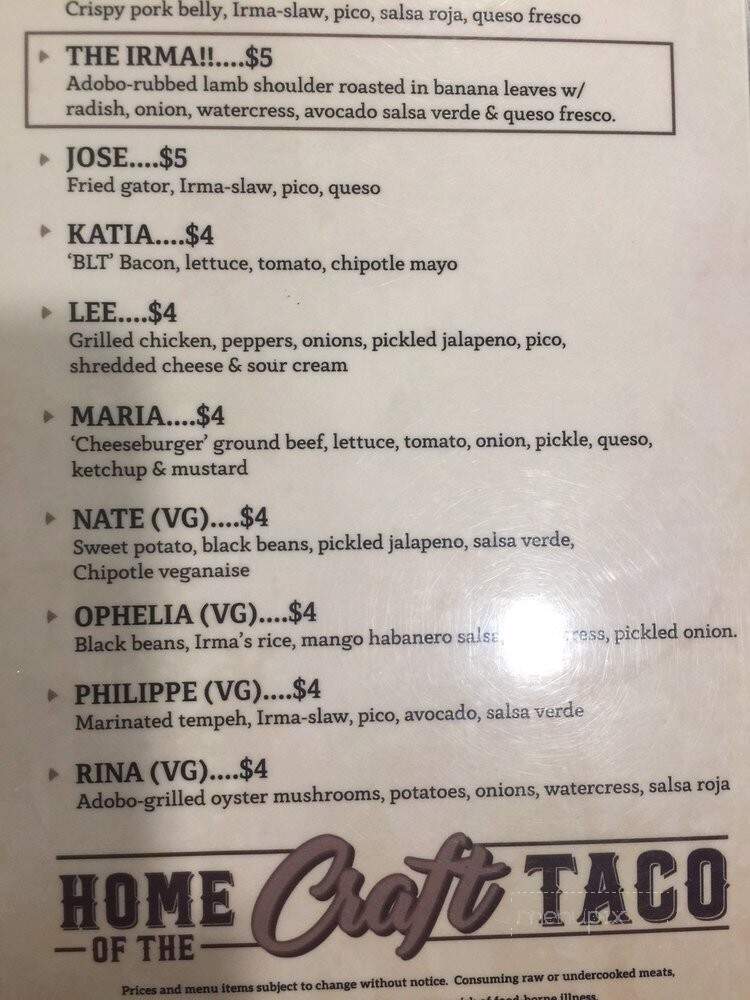 Irma's Tacos, Craft Beer & Tequila Bar - Venice, FL menu_pic