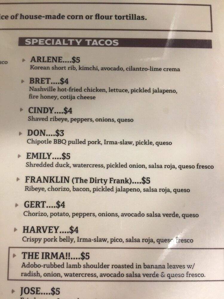 Irma's Tacos, Craft Beer & Tequila Bar - Venice, FL menu_pic