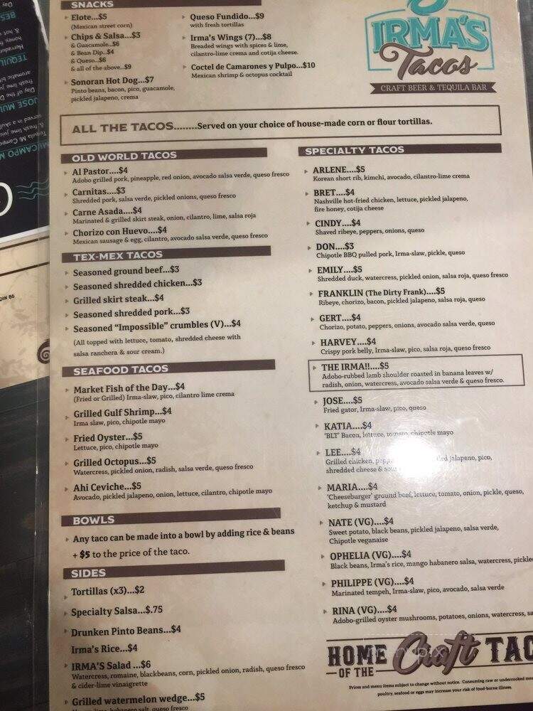 Irma's Tacos, Craft Beer & Tequila Bar - Venice, FL menu_pic