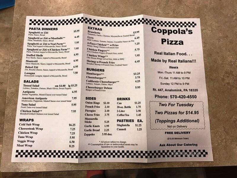Coppola's Pizza - Analomink, PA menu_pic