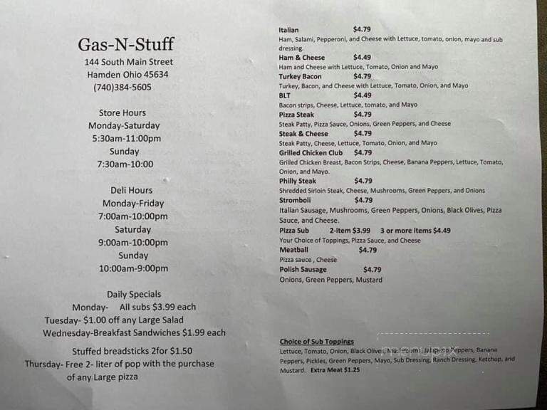 Gas-N-Stuff - Hamden, OH menu_pic