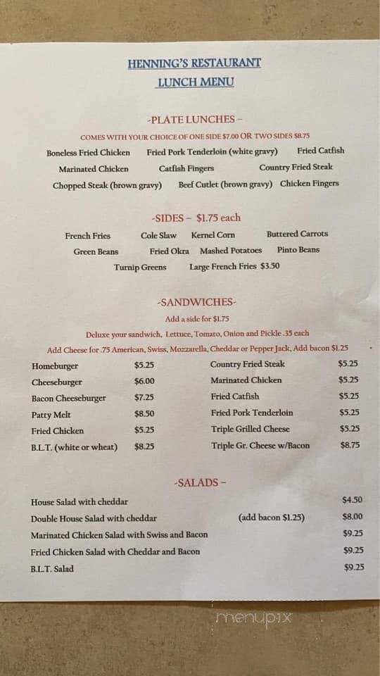 Hennings Restaurant - Lebanon, KY menu_pic