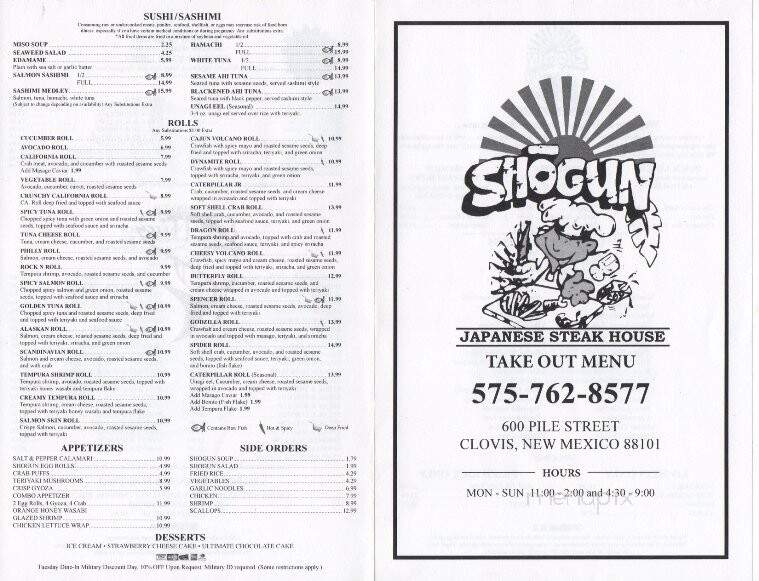 Menu of shogun steakhouse in clovis nm 88101