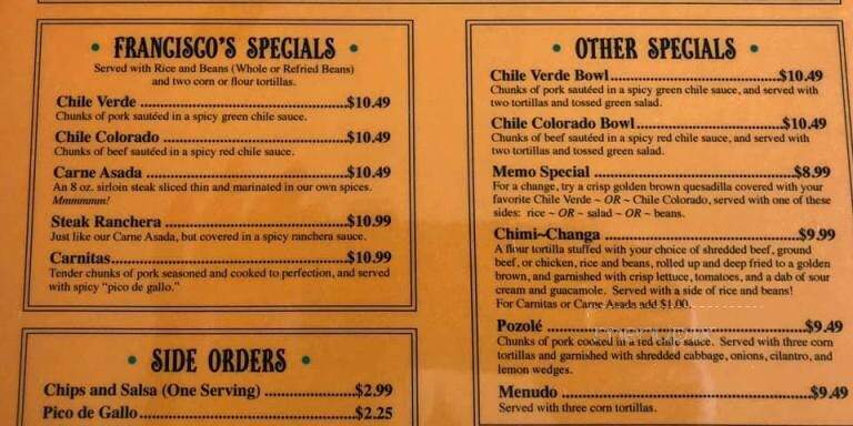 Francisco's - Oroville, CA menu_pic