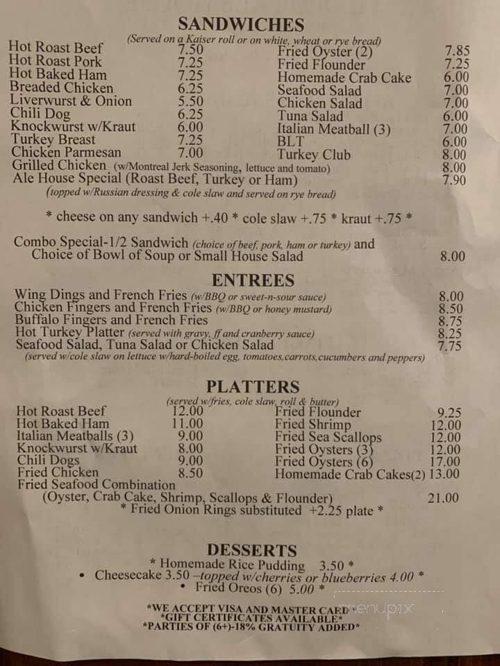 Ye Olde Ale House - Lafayette Hill, PA menu_pic