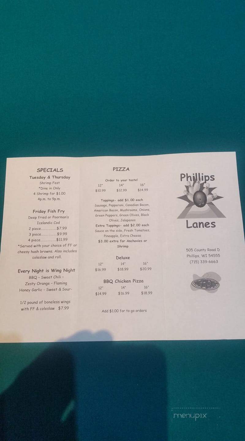 Phillips Lanes - Phillips, WI menu_pic