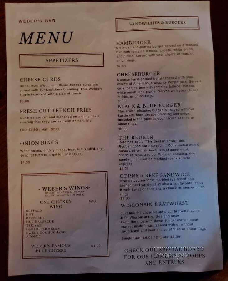 Weber's Bar - Shelby, OH menu_pic
