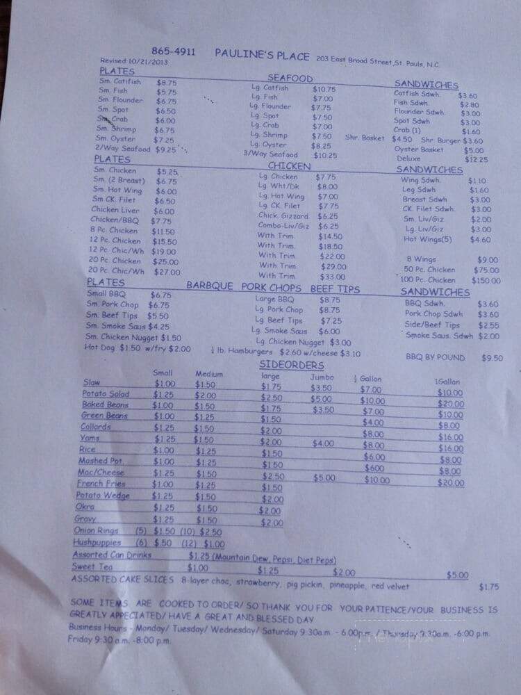 Pauline's Place - Saint Pauls, NC menu_pic