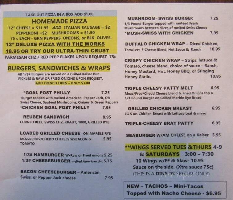 Goal Post Bar & Grill - Green Bay, WI menu_pic