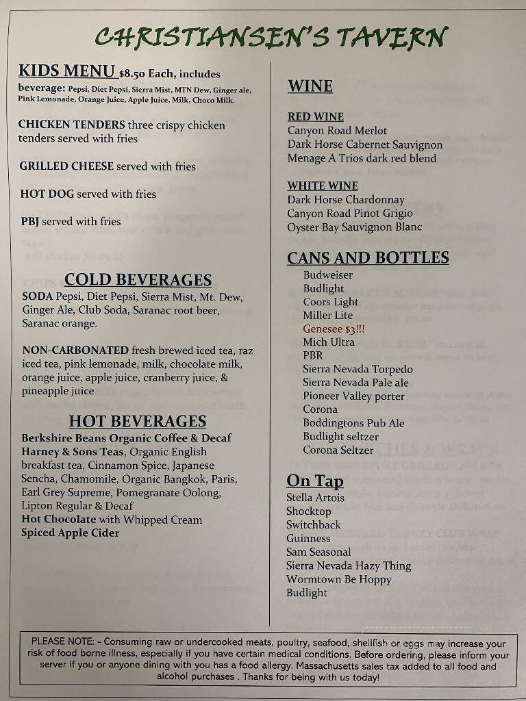 Christiansen's Tavern - Hancock, MA menu_pic