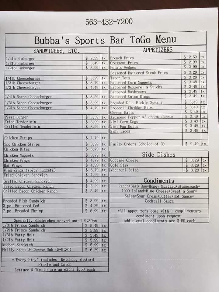 Bubba's Sports Bar & Grill - Mechanicsville, IA menu_pic