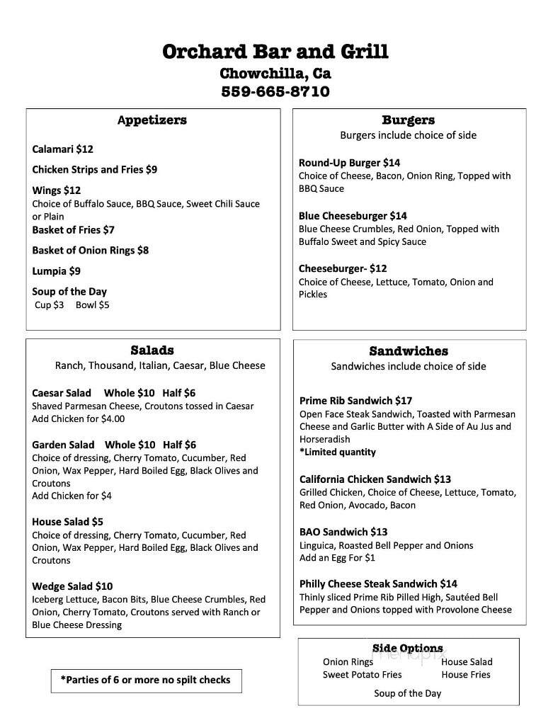 Orchard Bar & Grill - Chowchilla, CA menu_pic