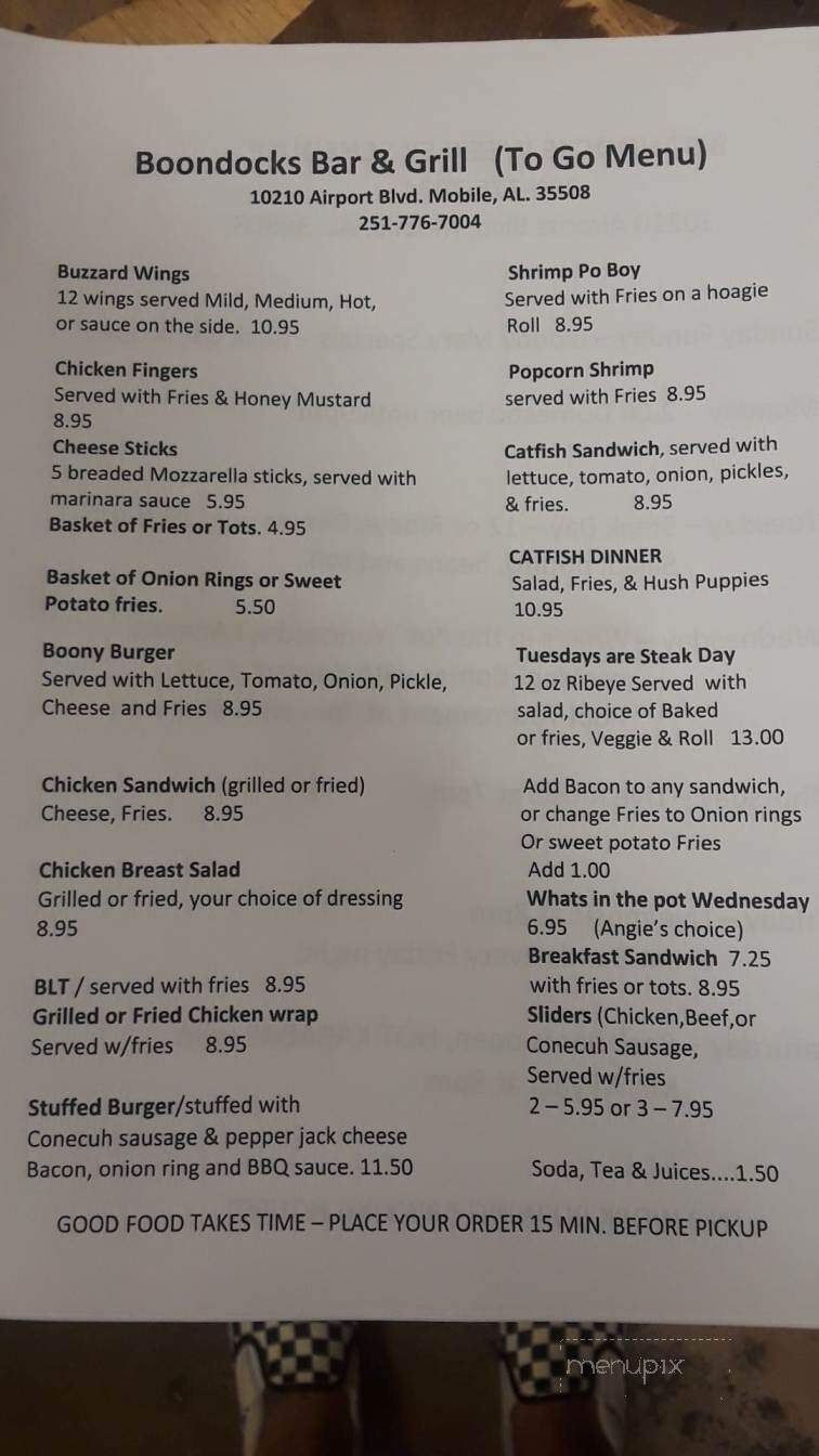 Boondocks Bar & Grill - Mobile, AL menu_pic