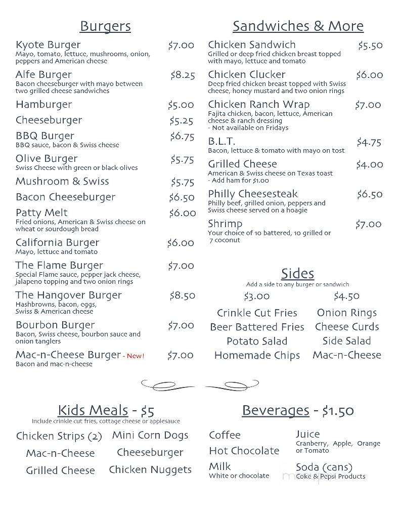 Kyote's Den Bar & Grill - Menomonie, WI menu_pic