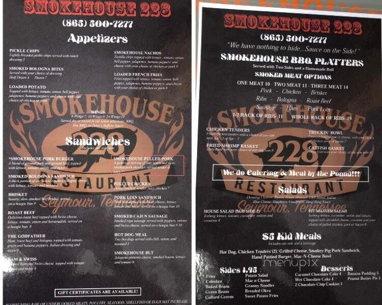 Smokehouse 228 - Seymour, TN menu_pic