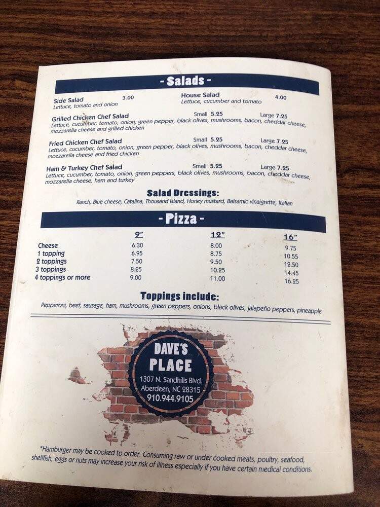 Dave's Place - Aberdeen, NC menu_pic