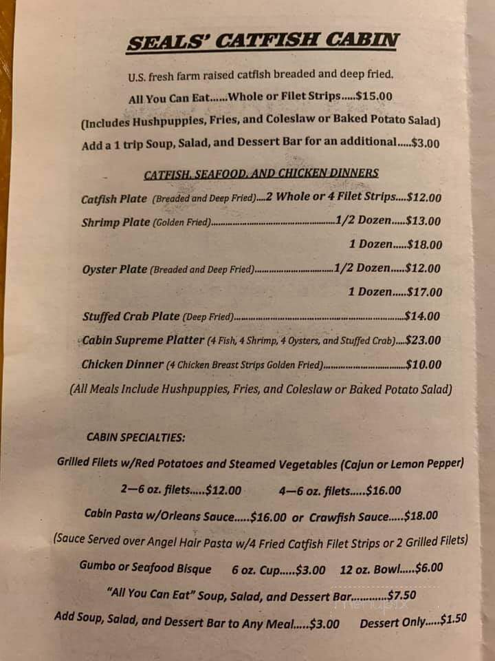 Seals' Catfish Cabin - Picayune, MS menu_pic