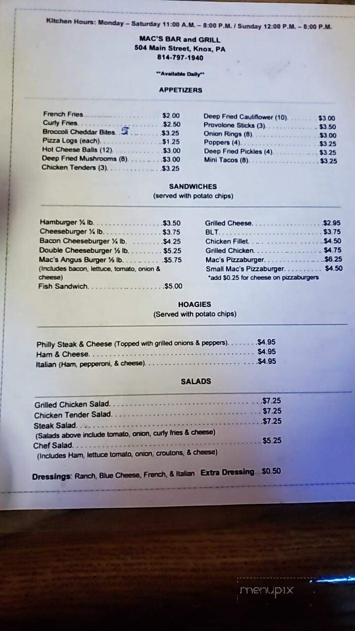 Mac's Bar & Grill - Knox, PA menu_pic