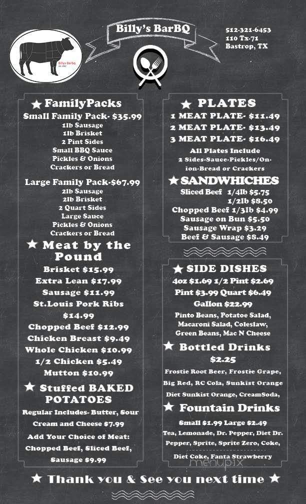 Billy's Pit Bar BQ - Bastrop, TX menu_pic