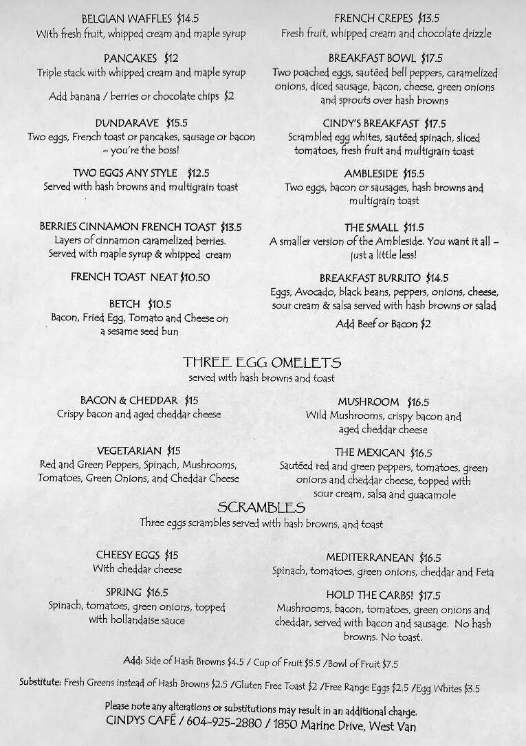 Cindy's - West Vancouver, BC menu_pic