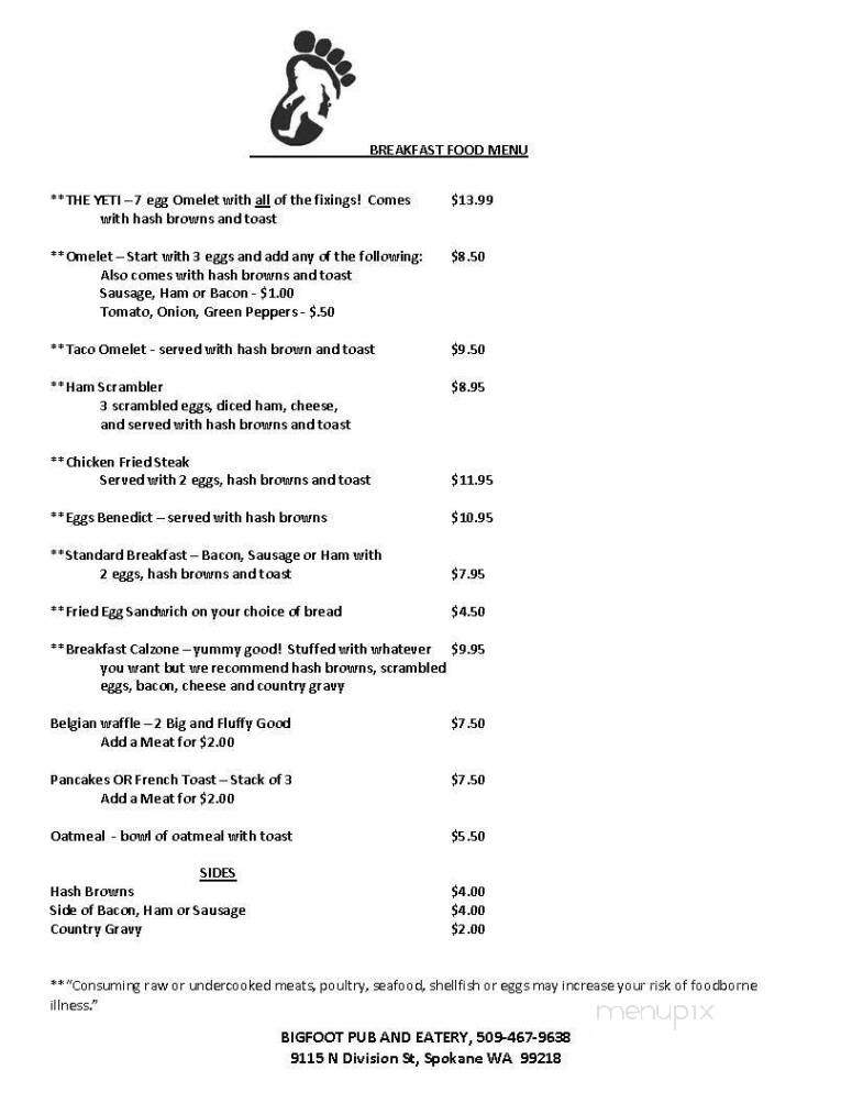 Bigfoot Pub & Eatery - Spokane, WA menu_pic