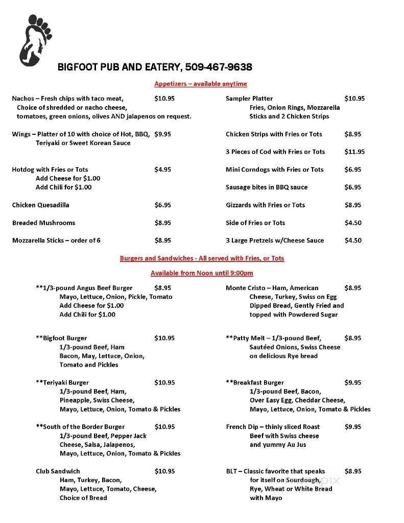 Bigfoot Pub & Eatery - Spokane, WA menu_pic
