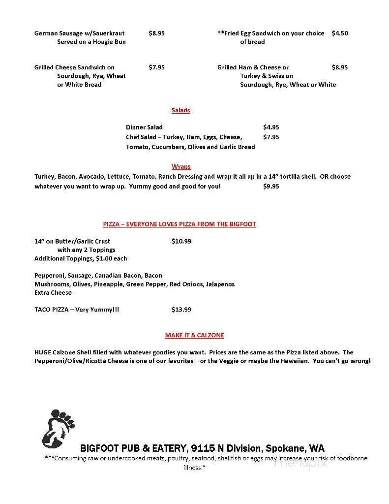 Bigfoot Pub & Eatery - Spokane, WA menu_pic