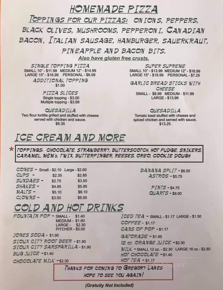 Gregory Lanes - Gregory, SD menu_pic