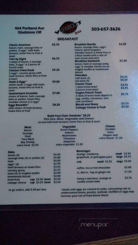 Vogies Bar - Gladstone, OR menu_pic