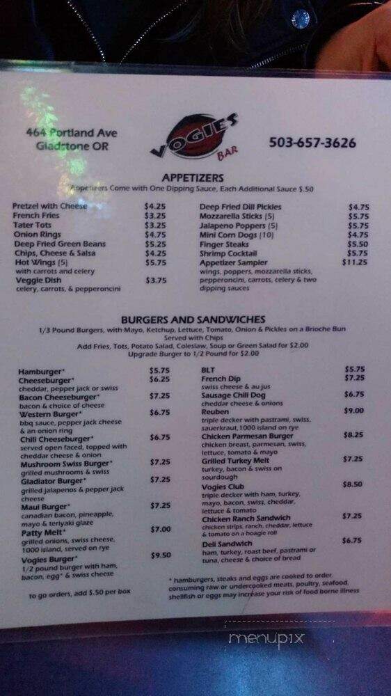 Vogies Bar - Gladstone, OR menu_pic
