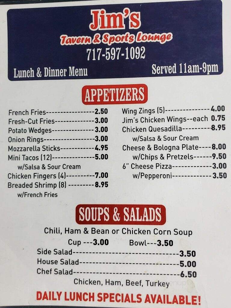 Jim's Tavern - Greencastle, PA menu_pic