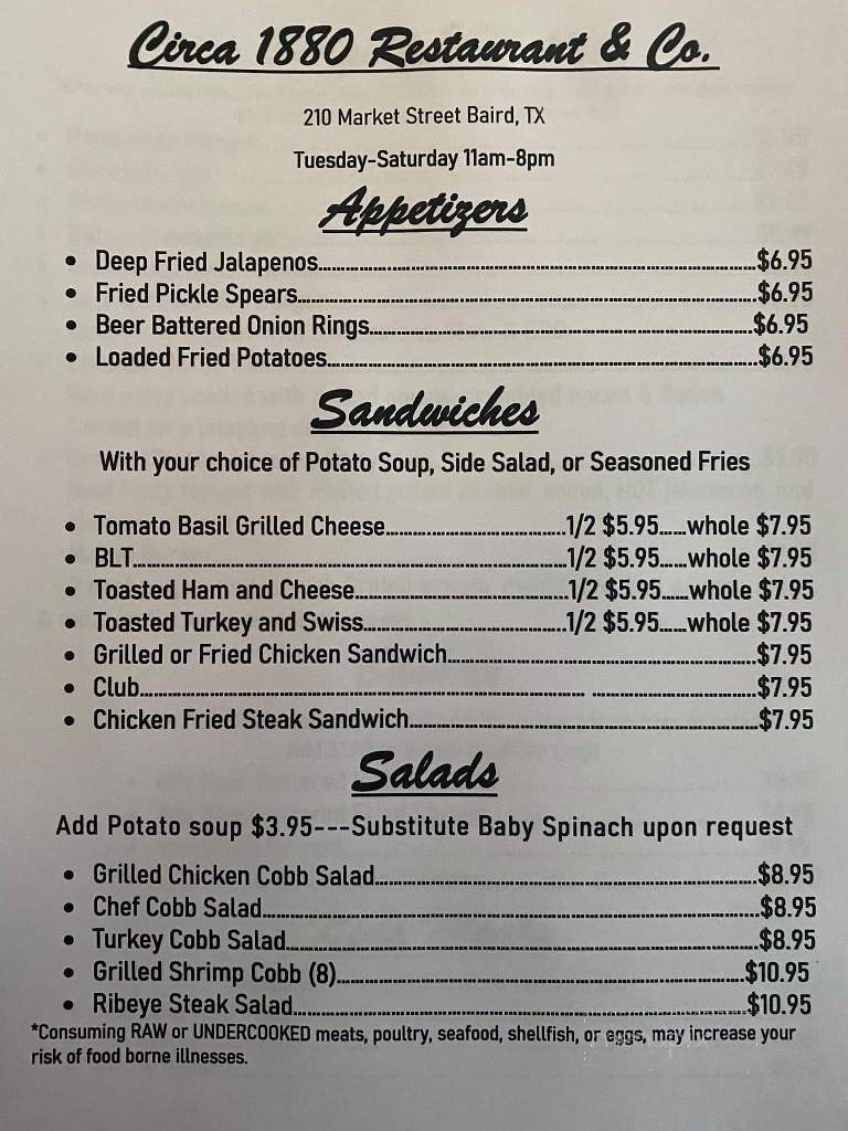 Circa 1880 Restaurant - Baird, TX menu_pic