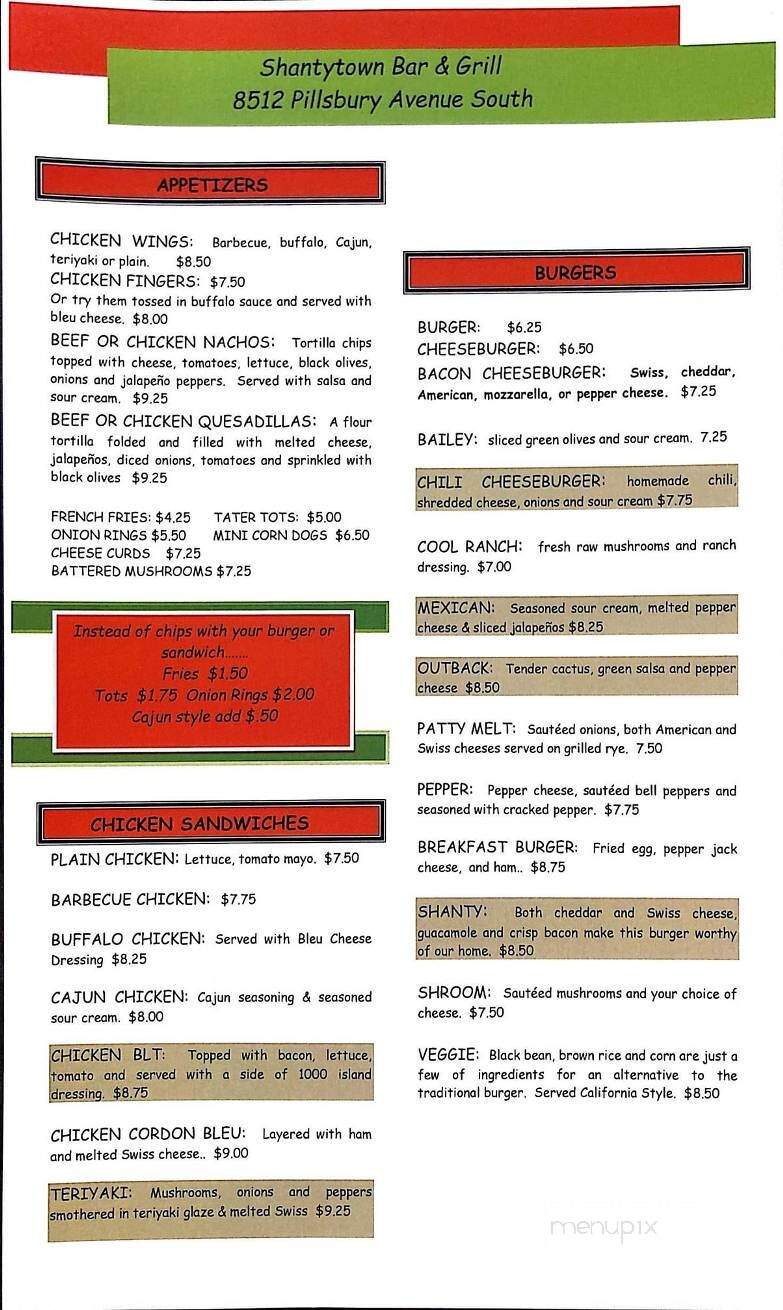 Shantytown Grill - Bloomington, MN menu_pic