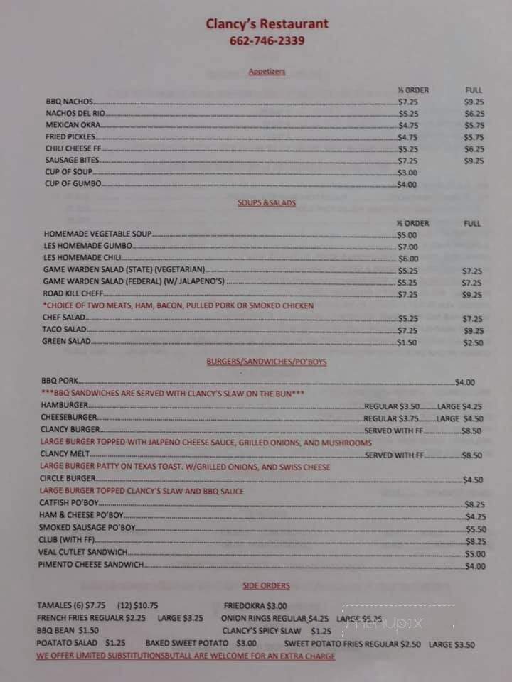 Clancy's - Yazoo City, MS menu_pic