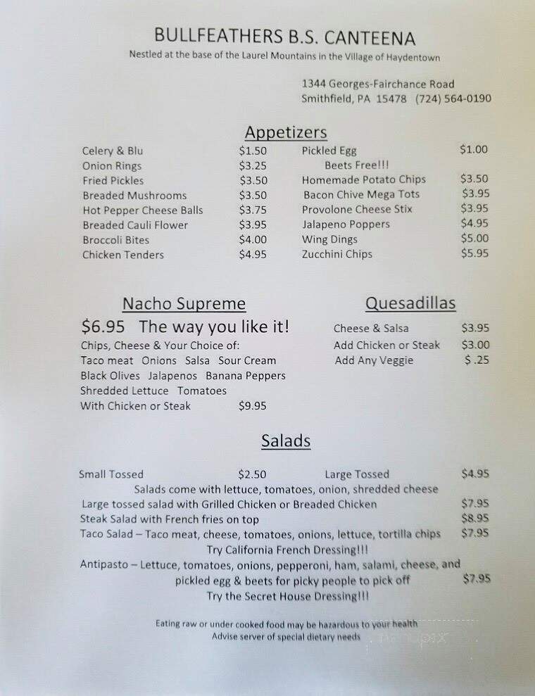 Bullfeathers Bs Canteena - Smithfield, PA menu_pic