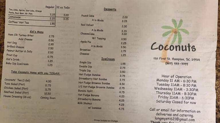 Coconut's - Hampton, SC menu_pic