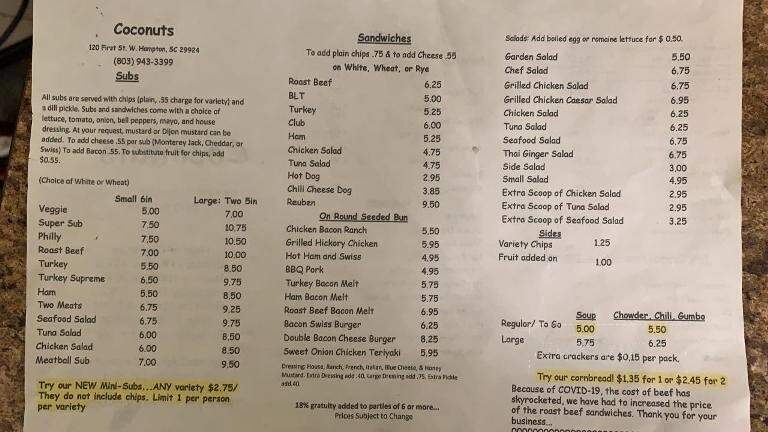 Coconut's - Hampton, SC menu_pic