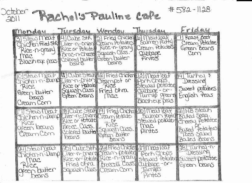 Rachel's Pauline Cafe - Pauline, SC menu_pic