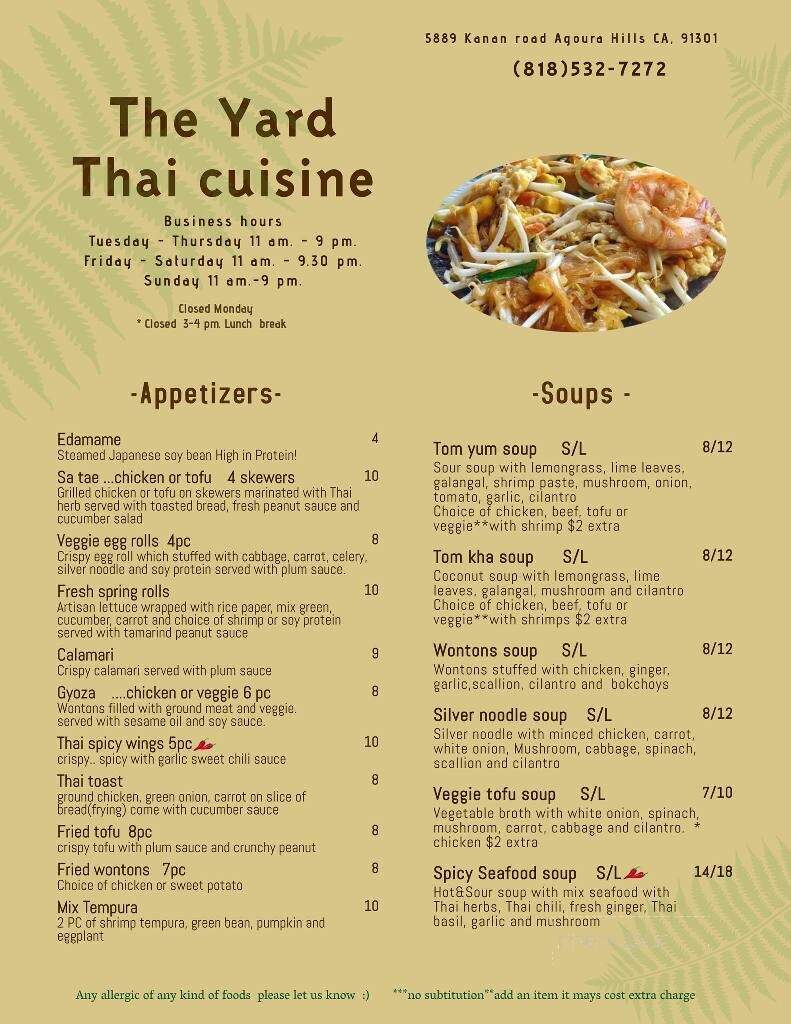 The Yard Thai Cuisine - Agoura Hills, CA menu_pic