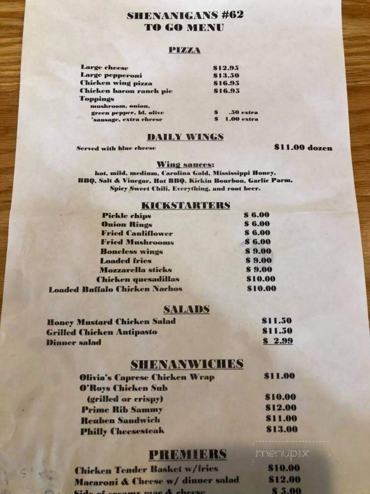 Shenanigans 62 - McDonough, NY menu_pic