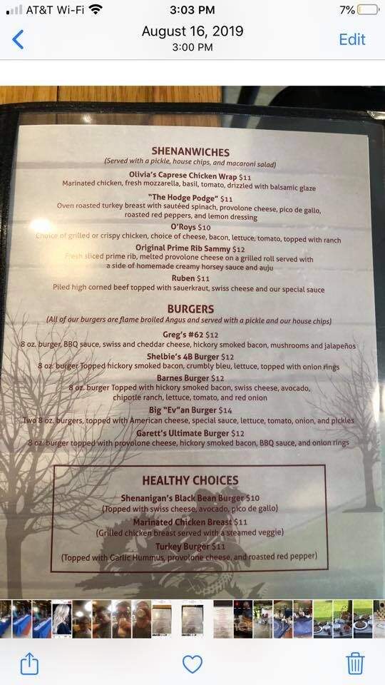Shenanigans 62 - McDonough, NY menu_pic