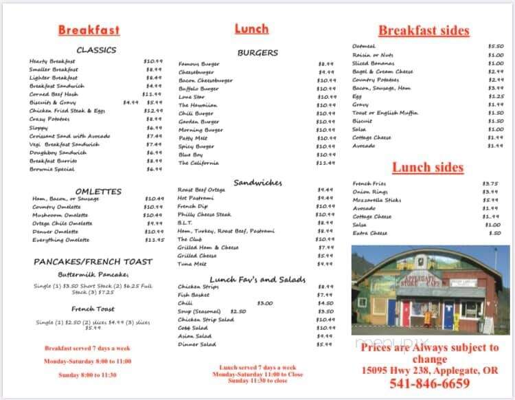 Applegate store and cafe - Applegate, OR menu_pic