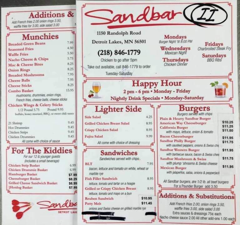 Sandbar II - Detroit Lakes, MN menu_pic