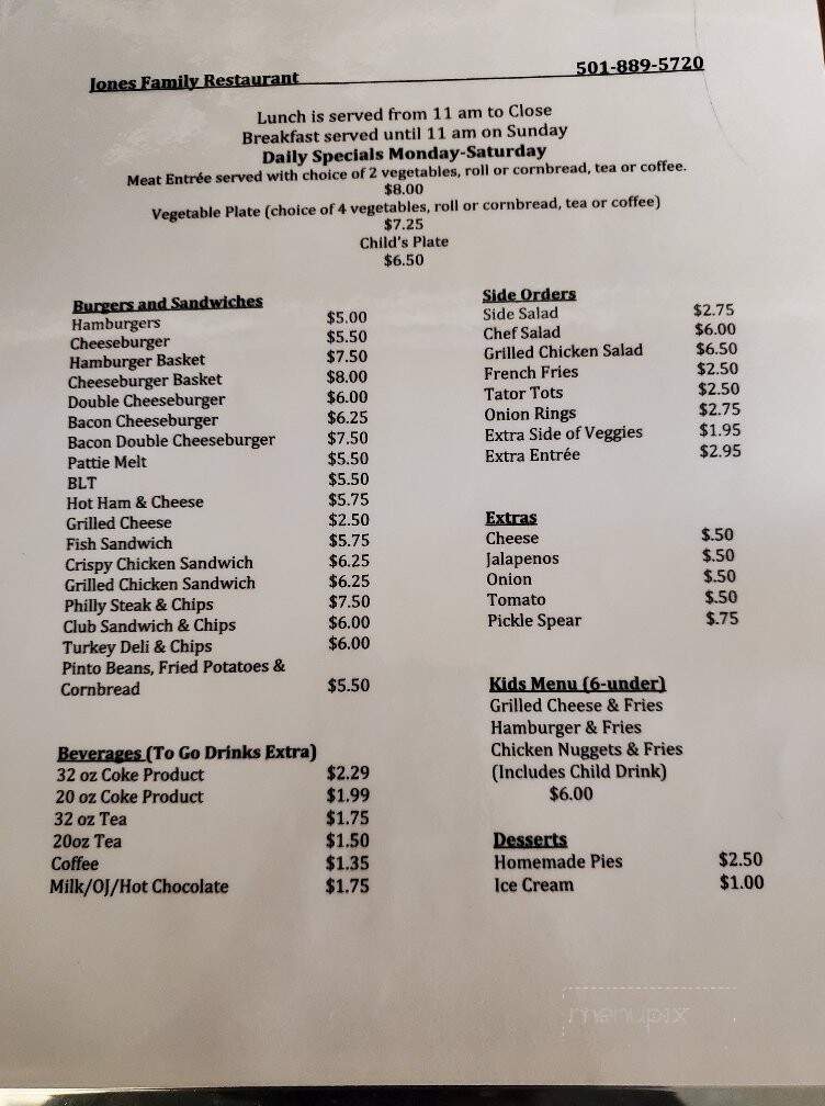 Jones Family Restaurant - Perryville, AR menu_pic
