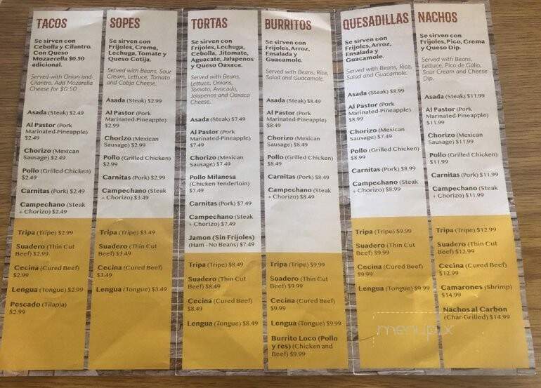 Taqueria Mexicana - Westfield, IN menu_pic