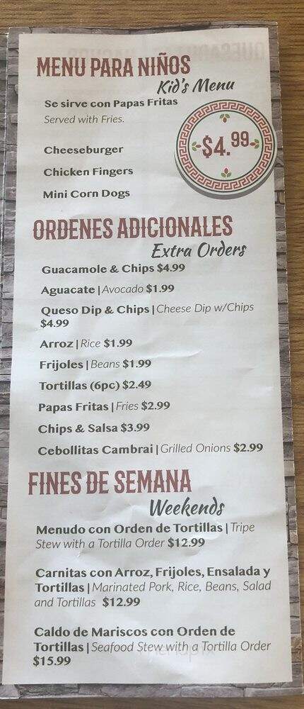 Taqueria Mexicana - Westfield, IN menu_pic